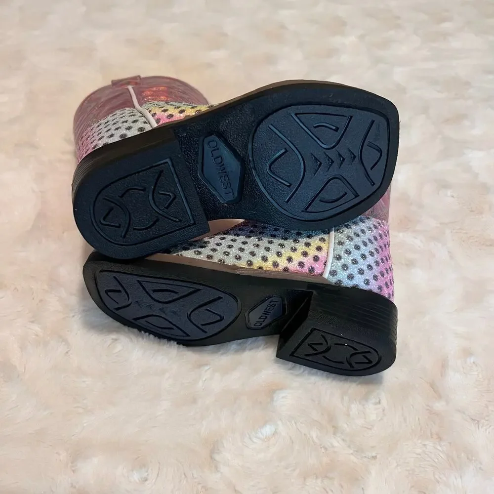 Old West Girls Iridescent Pink and Silver Studded Western Boots